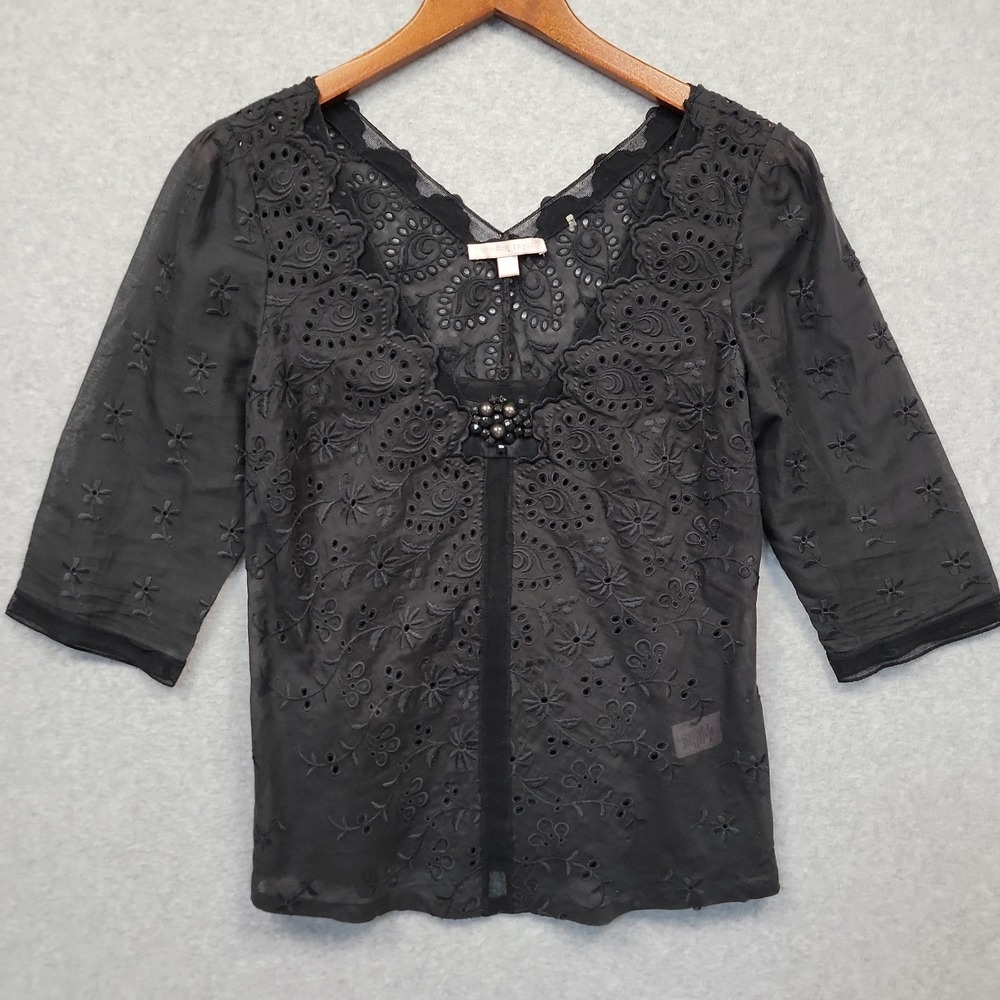 Rebecca Taylor Cotton Floral Broderie Blouse Top Lace Beads 3/4 Sleeve Black 10